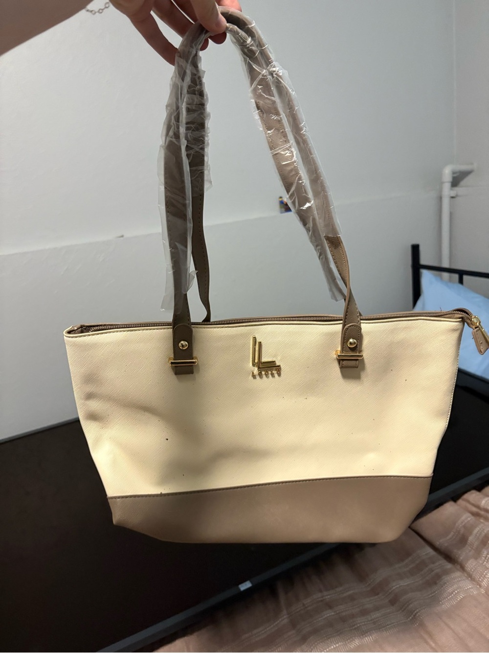 Cream and Taupe Ladies Tote Bag by